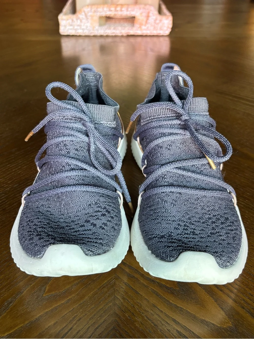 Adidas Women’s Size 7 Gray/Blue Knit Sneakers Rose Gold Cloudfoam Athletic Shoes